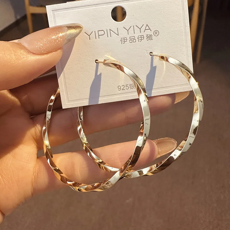 أقراط دائرية ملتوية جديدة للسيدات صيفية ذات طابع دائري كبير مبالغ فيه بإبزيم أذن S925 أقراط إبرة فضية #2