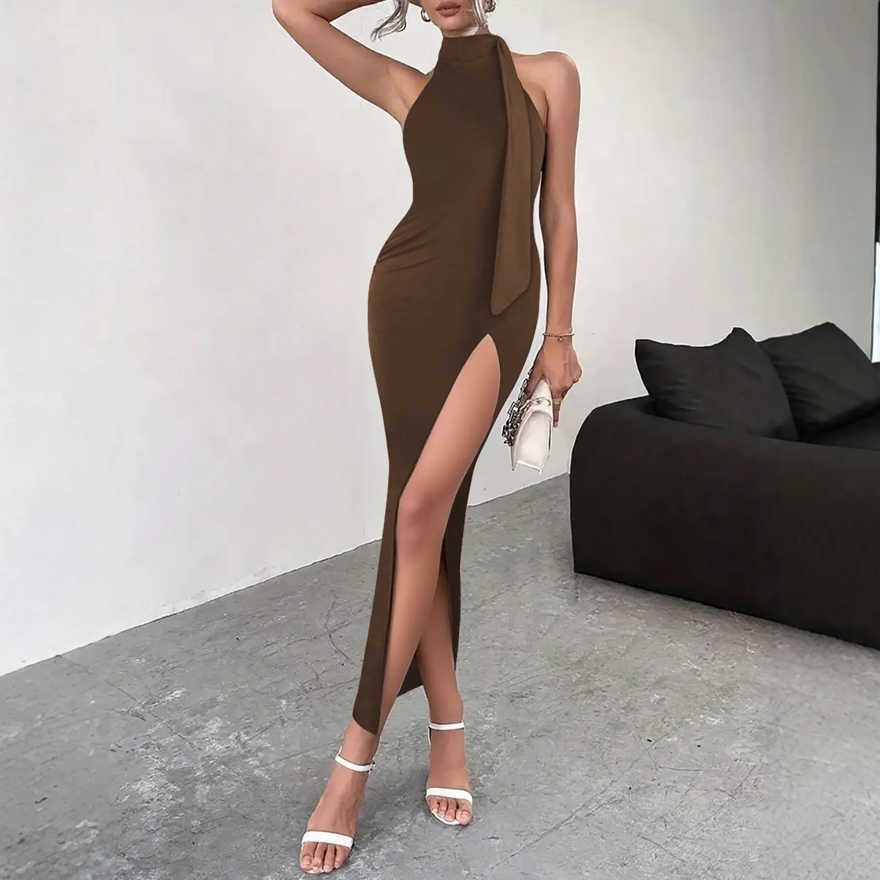 Tie Sleeveless Dresses Midi Waist Elegant Commuter with Maxi Length Slim Fit Asymmetrical Hem Halter Neck Dress Summer for Women