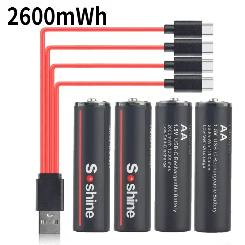 2600mWh Soshine 1.5V Li-Ion Rechargeable Battery AA Lithium Batteries 1200 Times Cycle Type C AA Battery with 4-in-1 USB Cable