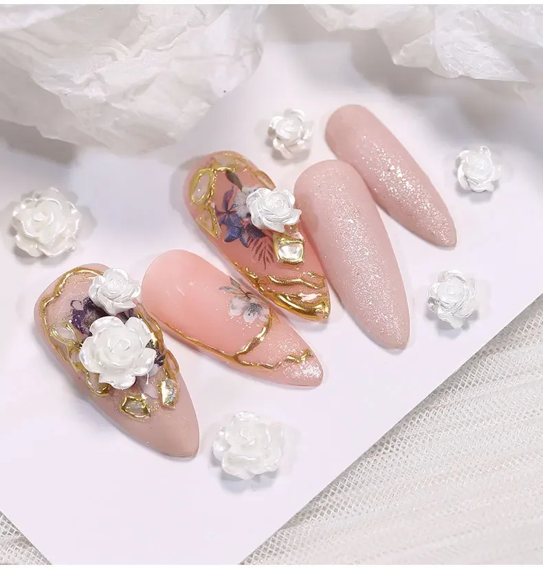 100PCS White 3D Rose Nail Charms Resin Flower Nail Art Decorations, Imitation Pearl Camellia Nail Accessories for DIY Manicure