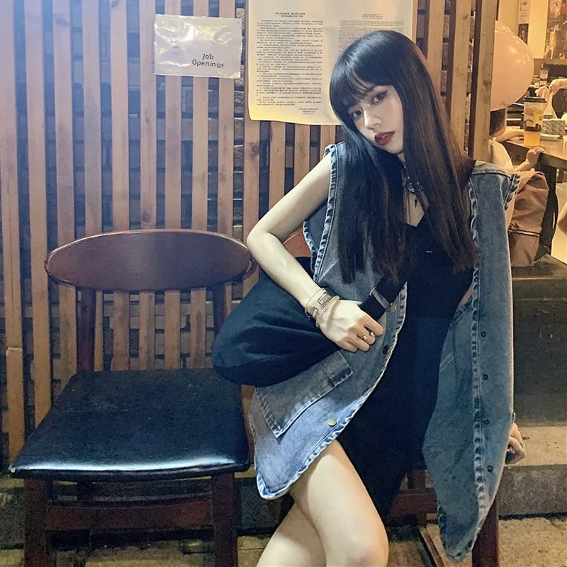 

Женский джинсовый жилет свободного кроя без рукавов, весна-осень, большие размеры, повседневная верхняя одежда, удлиненный жакет, модный стиль для города, на одной пуговице