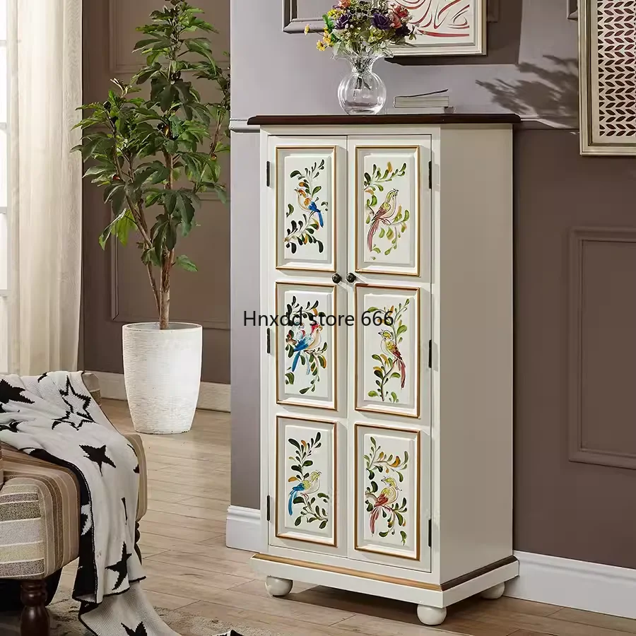 American Chinese flower and bird painted all solid wood activity baffle shoe cabinet