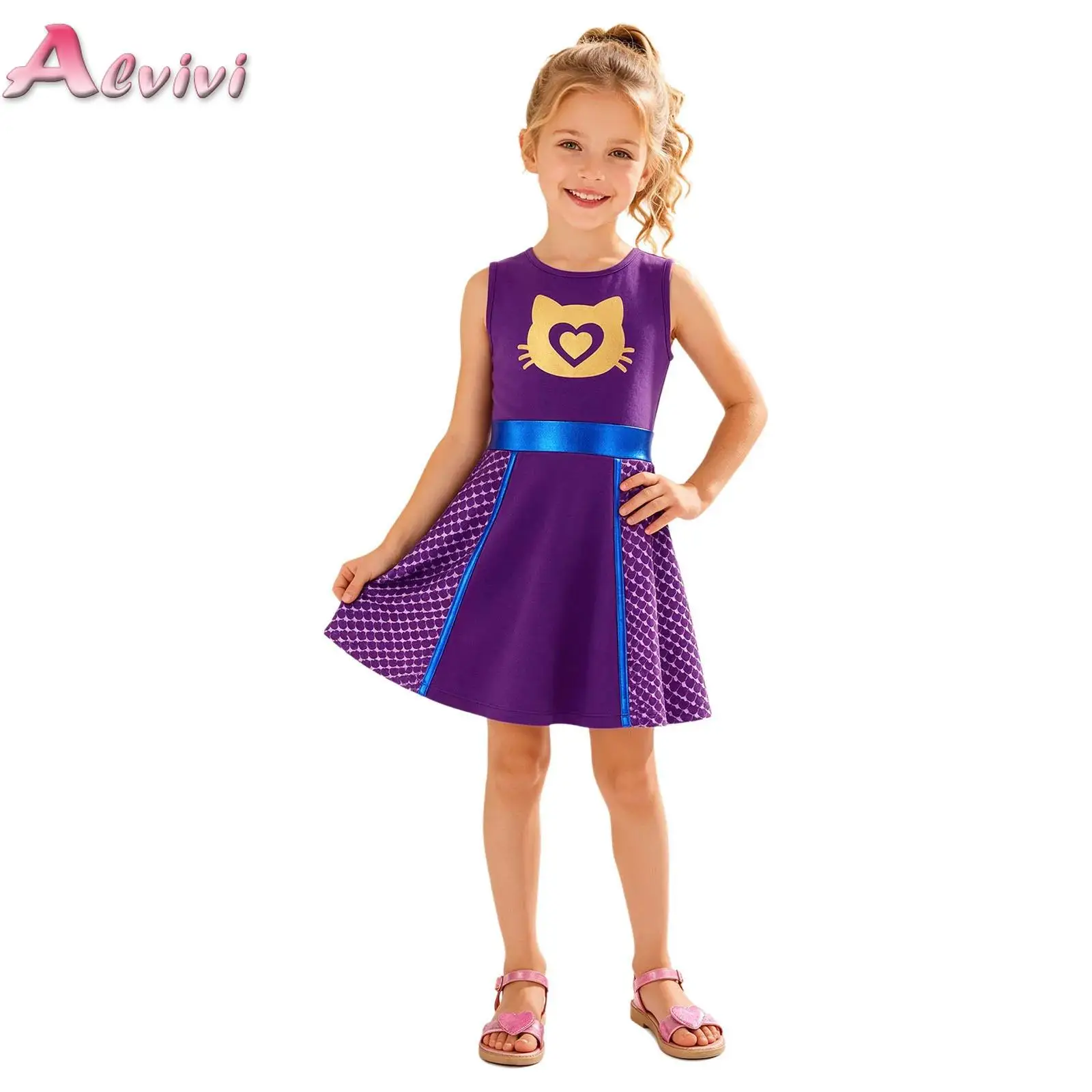 4-12Y Kids Girls Movie Character Dress Up Costume Cute Sleeveless Metallic Waist Cat Printed Color-blocked Dress for Theme Party