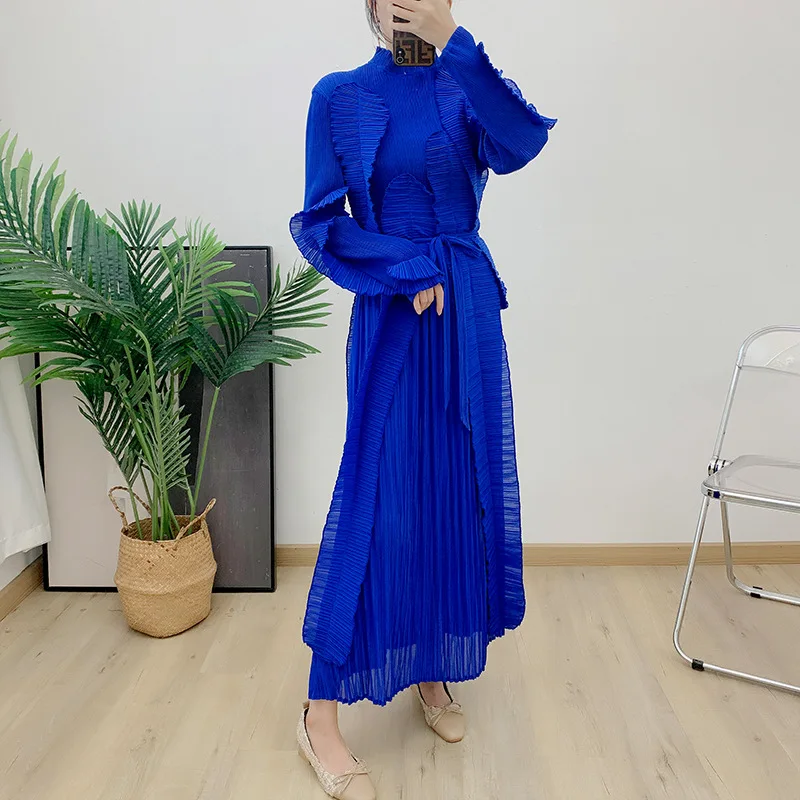 Pleated dress Lace collar Plus size wooden ear lace lace-up slimming women's long dress