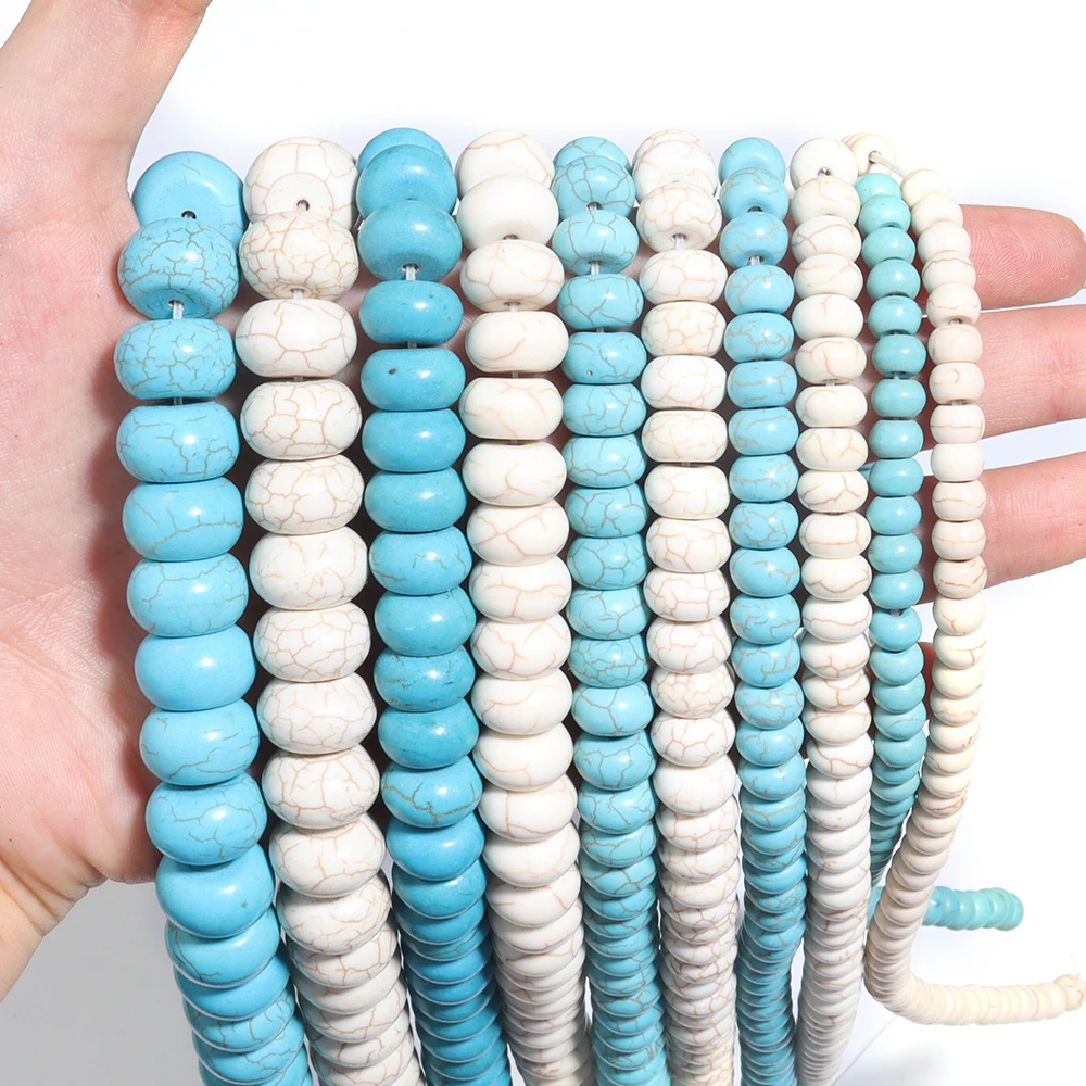 Weiß/blau natürliche türkis farbene Abakus perlen flache runde Stein perle für Armband Halskette Schmuck herstellung Großhandel 6/8/10/12/14mm