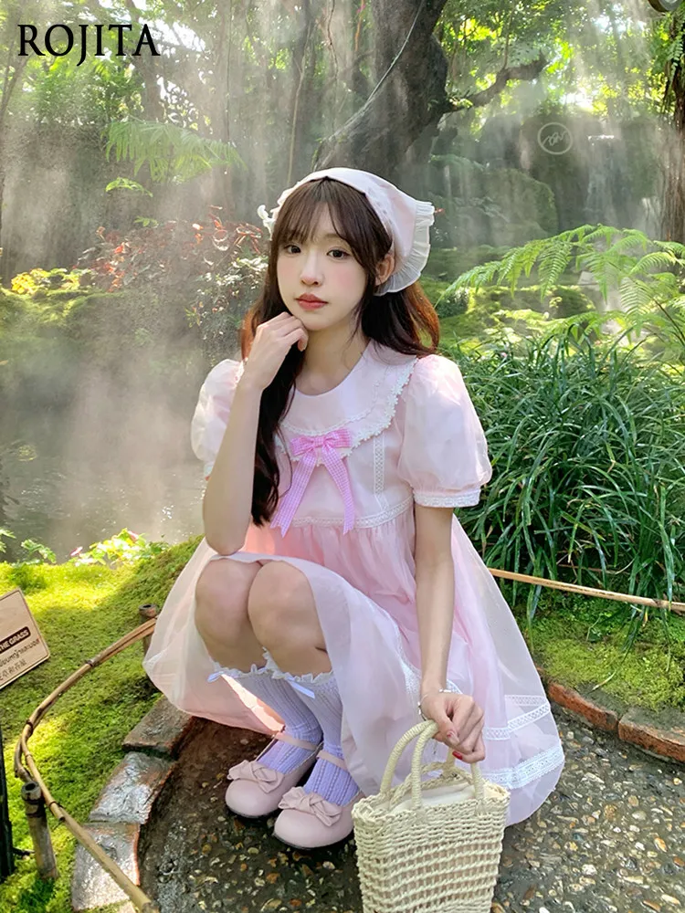 

JK Pink Dress for Women's 2026 Summer New Bubble Short Sleeve Sweet and Cute Pink Lolita Dress for Women Organza Dress