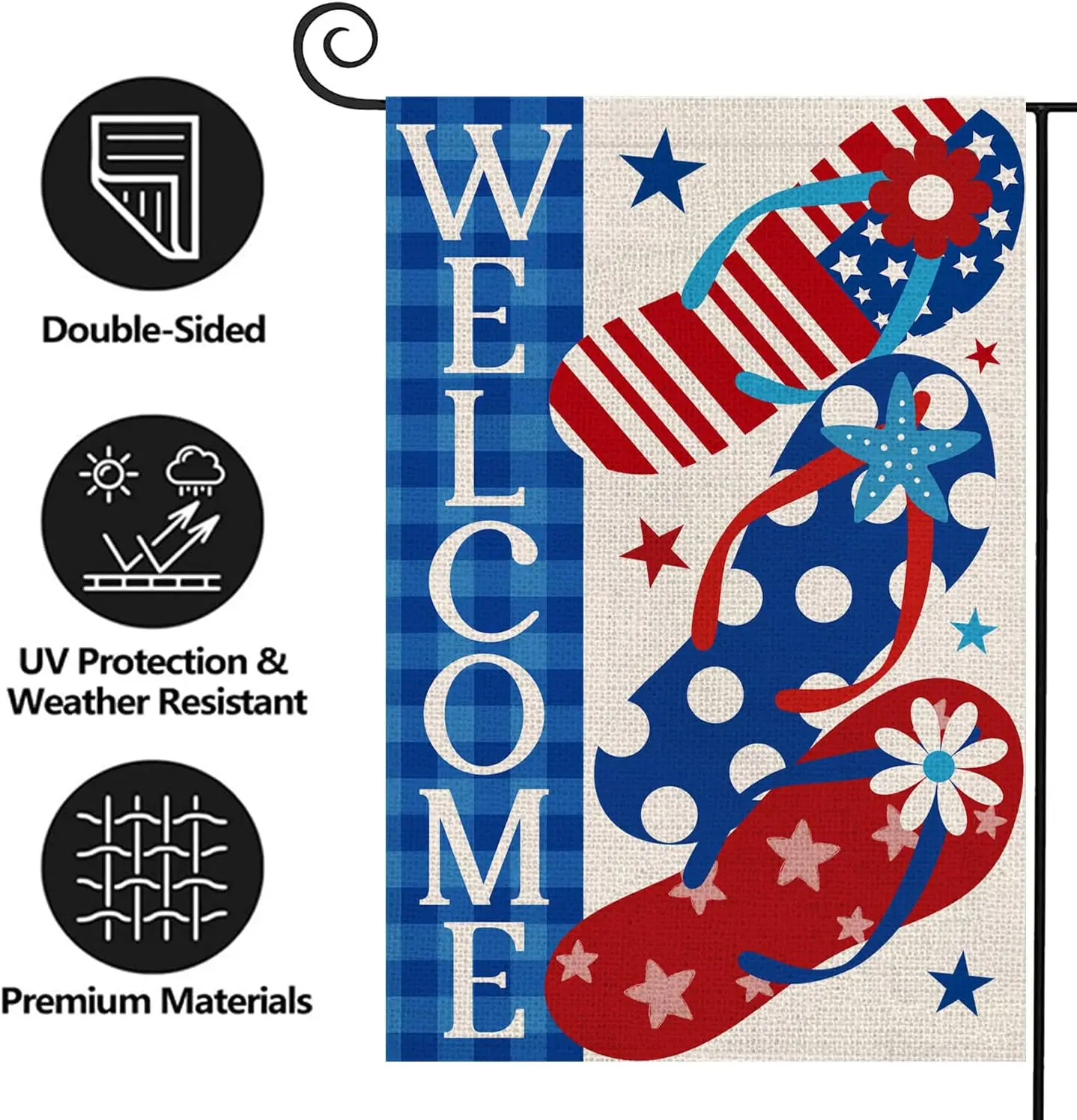 Texupday Welcome USA Patriotic Stars and Stripes Flip Flops Summer Decoration Double Sided Burlap Garden Flag Rustic America Ind