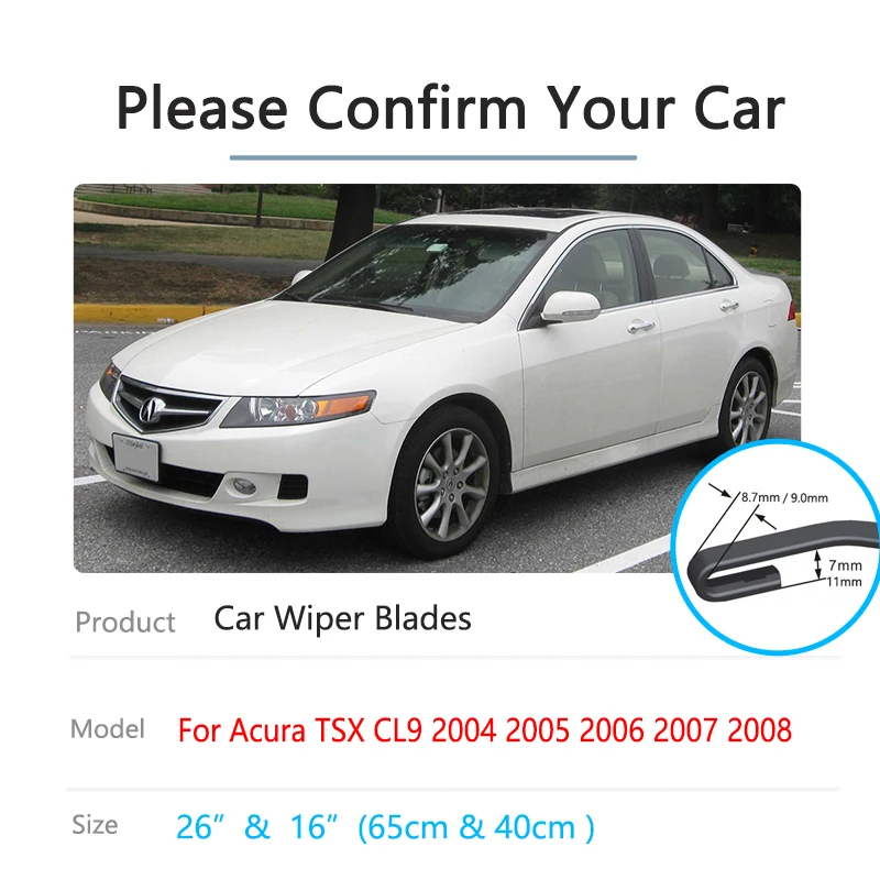 For Acura TSX CL9 Honda Accord 2004 2005 2006 2007 2008 Front Frameless Wiper Blades Silicone Washers Car Accessories U J Hook