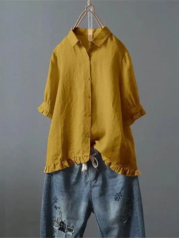 

Loose Single-Button Ruffled ortsved irt ort Sve Women's Casual Faion Polyester Fiber Thin Summer Collar