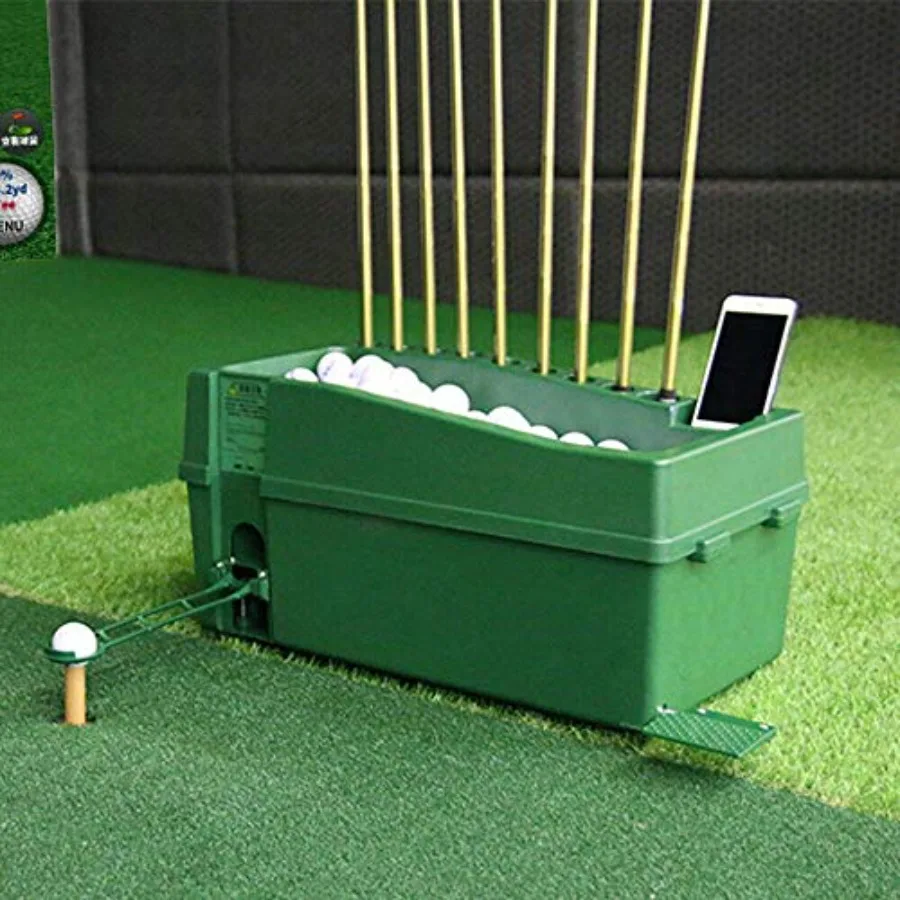 

Automatic Golf Ball Dispenser for outdoor practice, durable plastic construction, green color, power-free mechanical operation