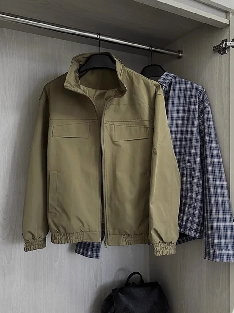 

Khaki Retro Pilot ort Workwear Jaet Loose Fit Casual Outerwear for Men Autumn Stand Collar Slimming Faion Korean Sle