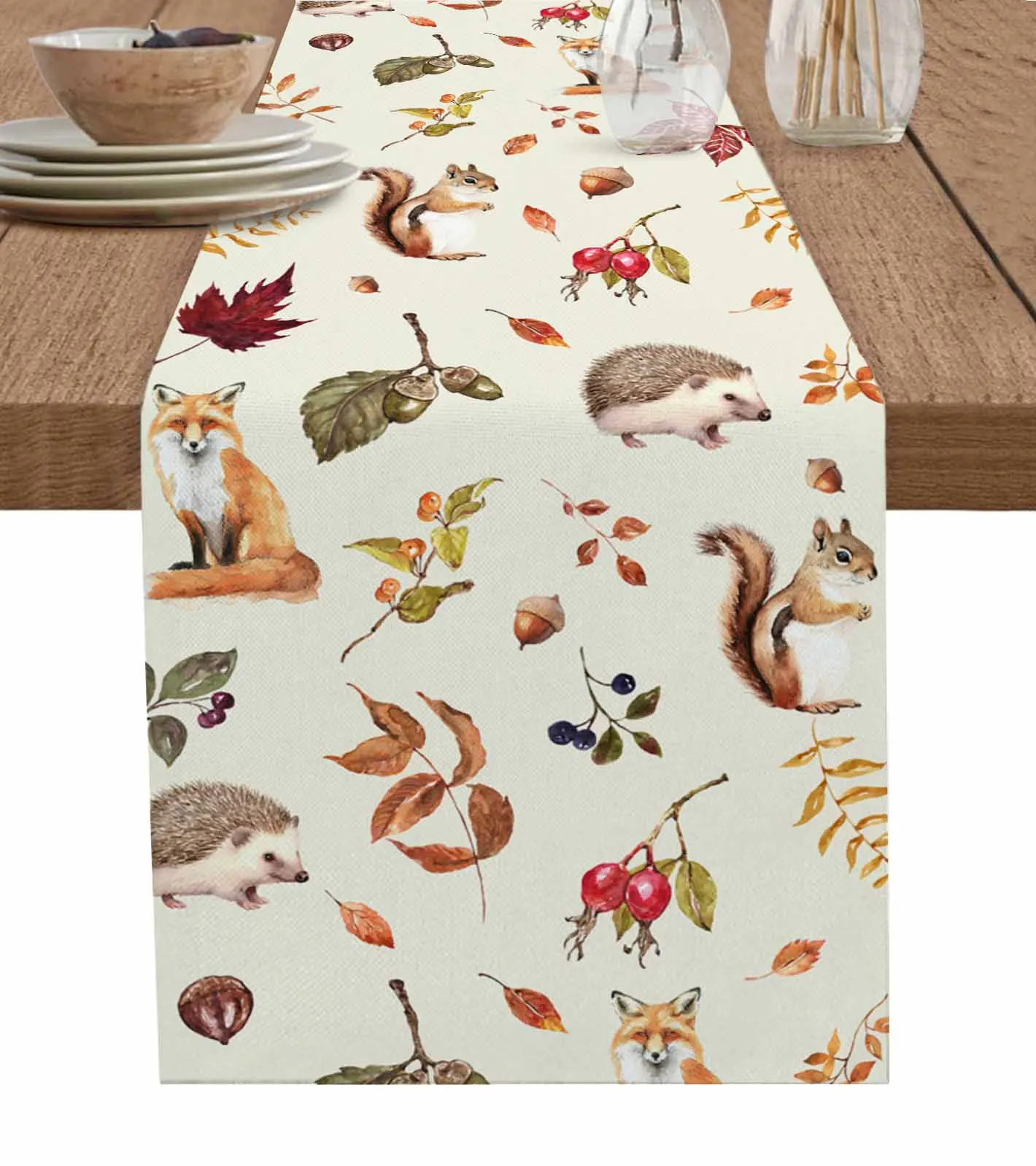 Thanksgiving Autumn Plants Squirrel Fox Hedgehog Table Runners for Dining Room Home Tablecloth 4/6 Pcs Placemats Table Cover