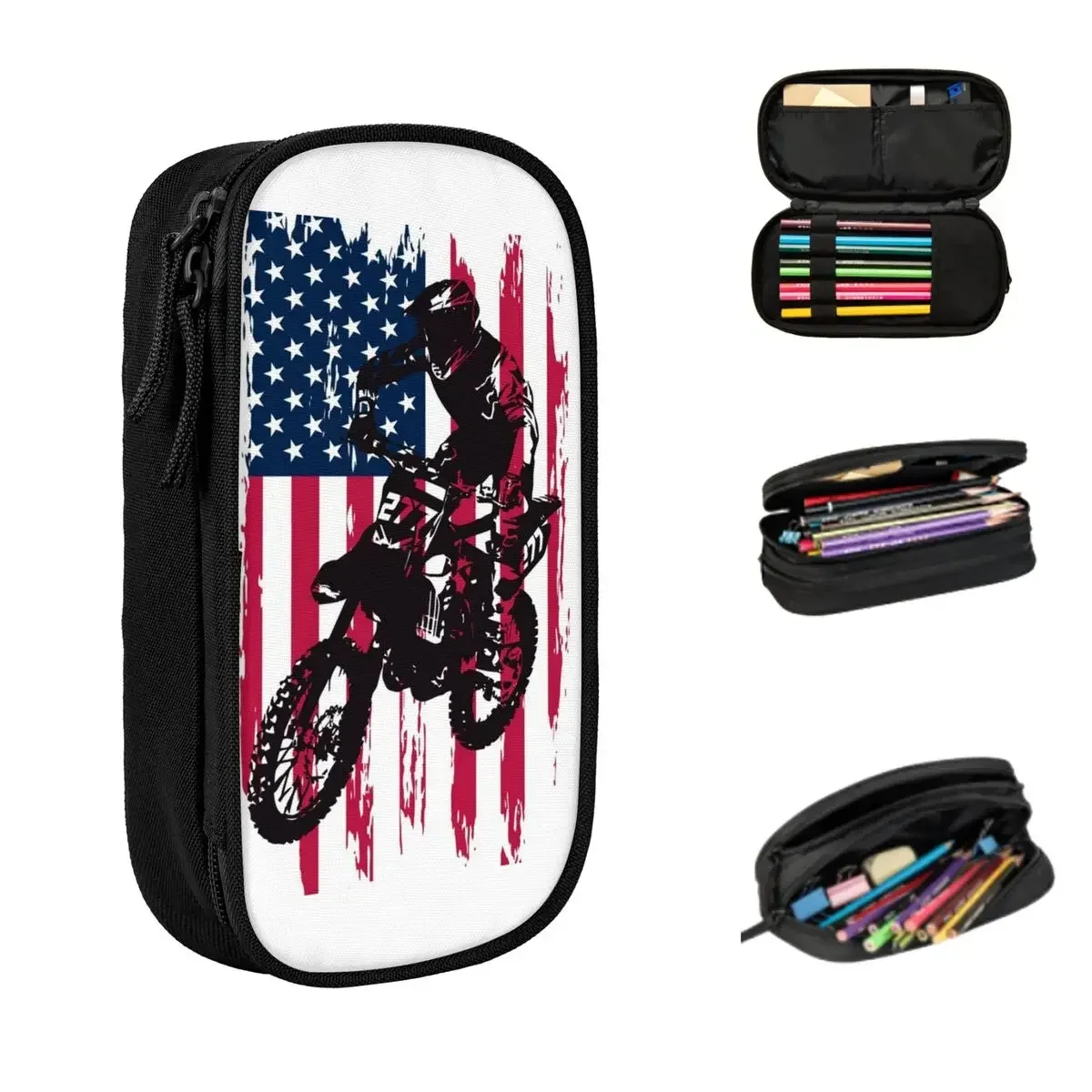 

Dirt Bike Motocross USA American Flag Pencil Cases Big Capacity Pen Bags Pen Box Pencil Pouch For Boys Girls Stationery School