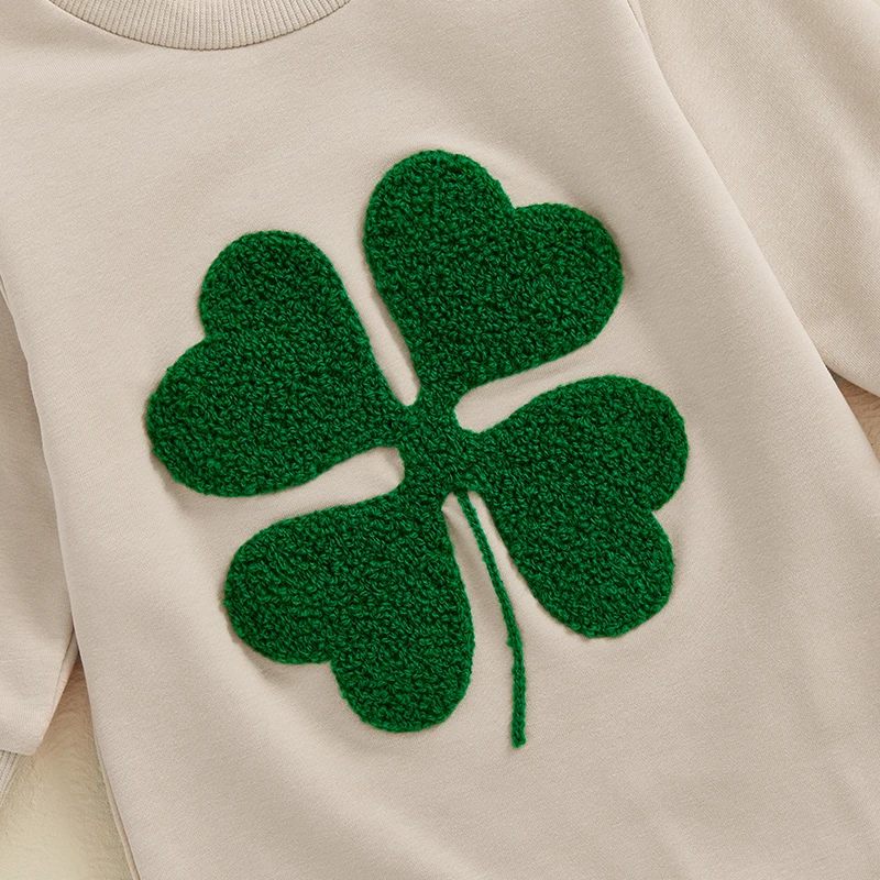 Día infantil de San Patricio con bordado de trébol y manga larga, cuello redondo y diseño de longitud completa para primavera