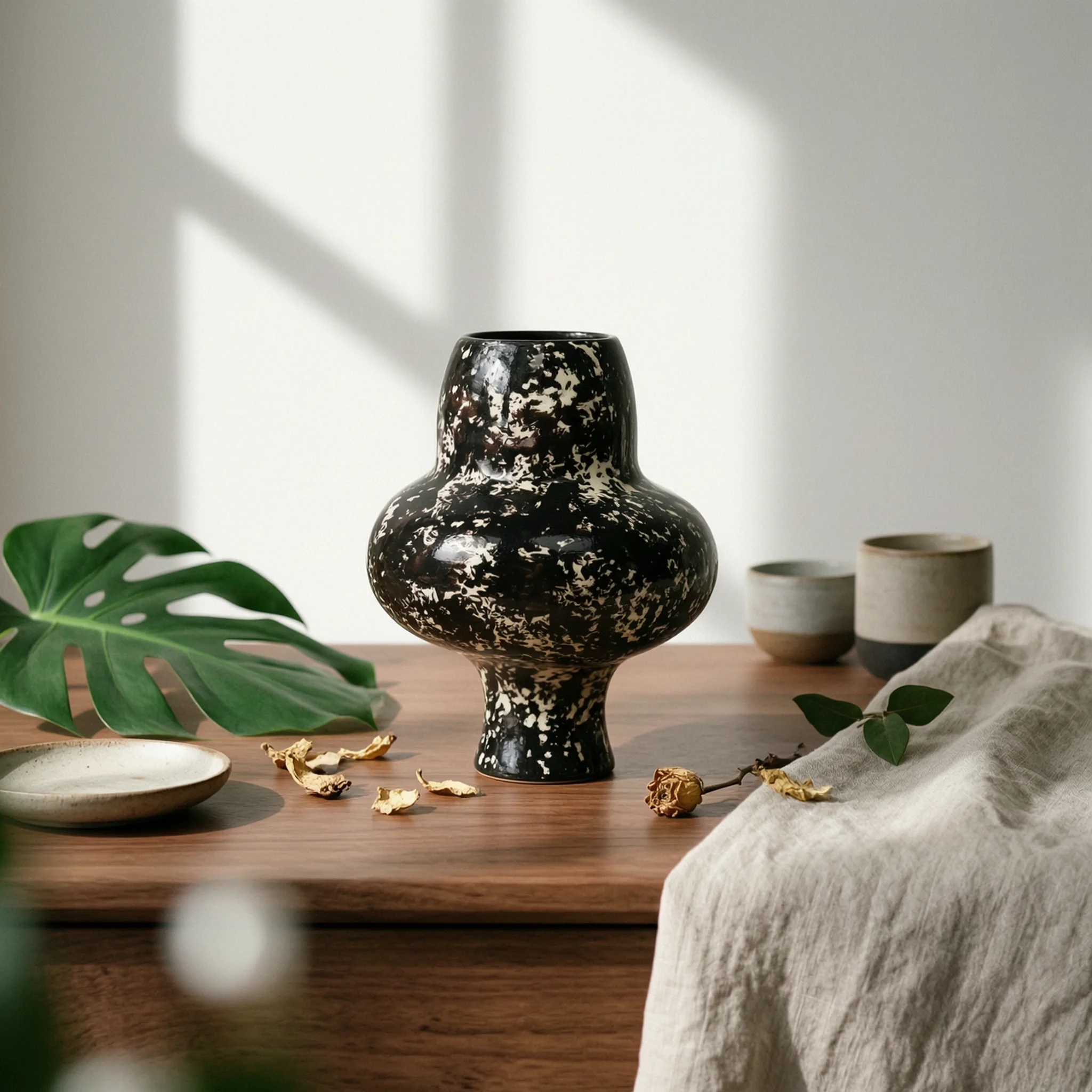 Flower Vase Speckled Vase with Wavy Rim Vessel Hand-Drawn Tabletop for Homeowners, Living Room, Entryway