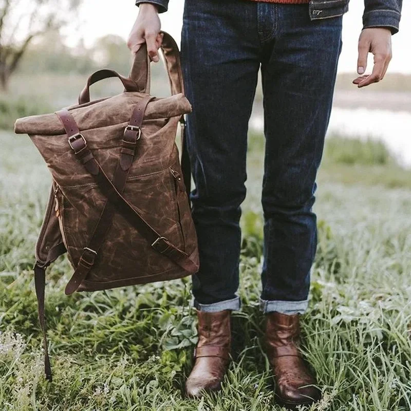 Waterdichte waxcanvas wandelrugzak voor heren, buiten 30L reistas, antidiefstal laptoprugzak, retro opgerolde rugzak