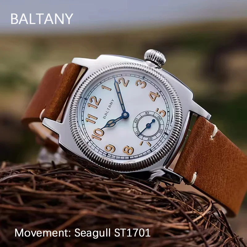 Baltany Vintage Mens Watch S4036  Seconds Cathedral Heat Treated Blue Hands Retro Luminous 100M Water Resistant Mechaincal Watch