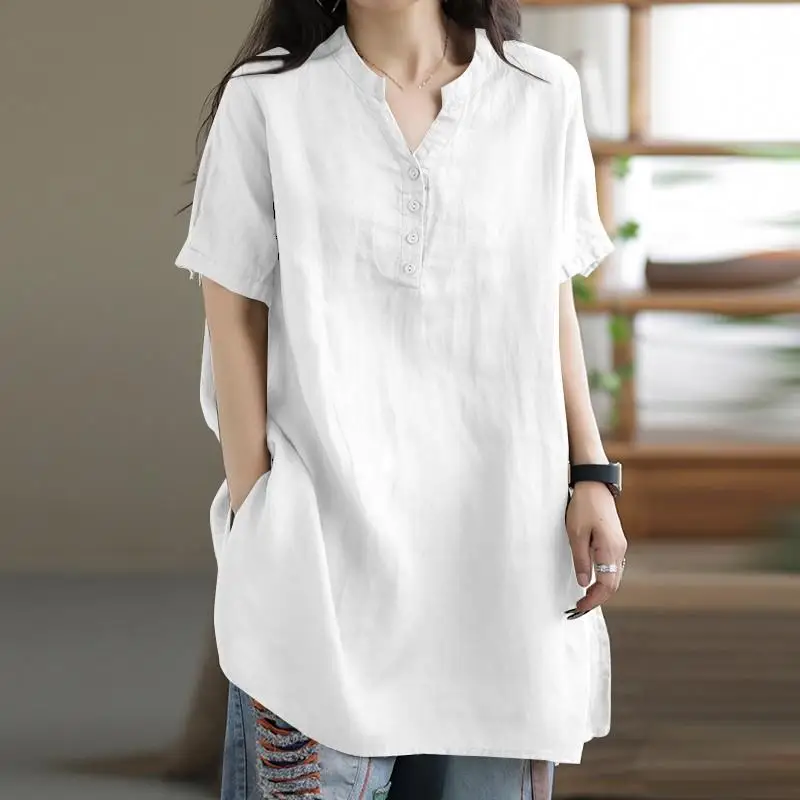 

Women's Twisted Button ort Sve irt Single Top Vintage Sle Cotton Pure Color Spring Summer Autumn Faion Ladies' Blouse