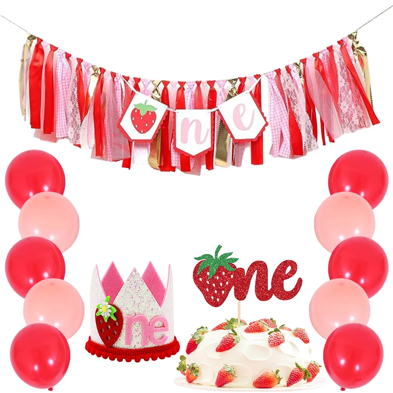 Strawberry Party Decorations for 1st and 2nd Birthday Strawberry High Chair Banner Crown Cake Topper