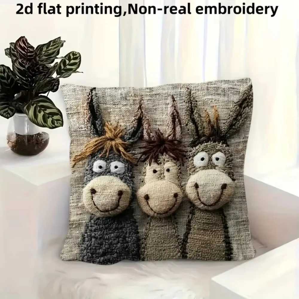 Throw Pillow Covers Cartoon Donkey Material Pillow Case Washable Non-Real Embroidery Cushion Cover Home Decorative