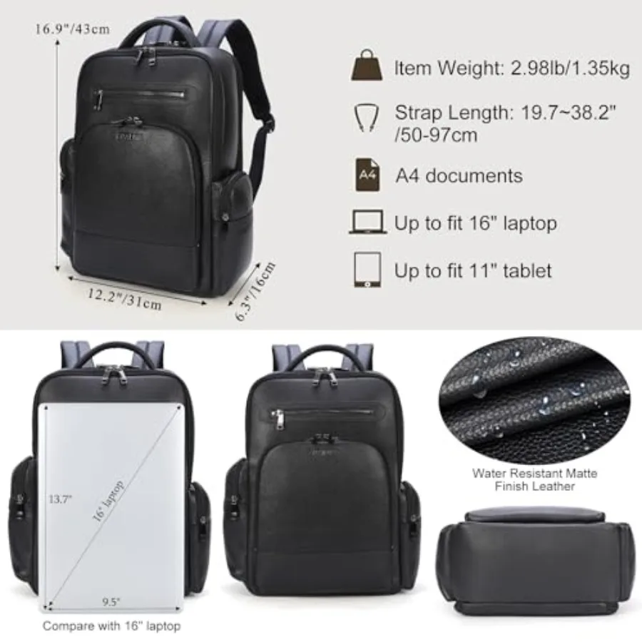 حقيبة ظهر للكمبيوتر المحمول للسفر من الجلد الأسود من Masa Kawa للرجال تناسب 15.6 بوصة 16 بوصة حقيبة كمبيوتر مكتبية للتنقل والتنقل التنفيذي وات