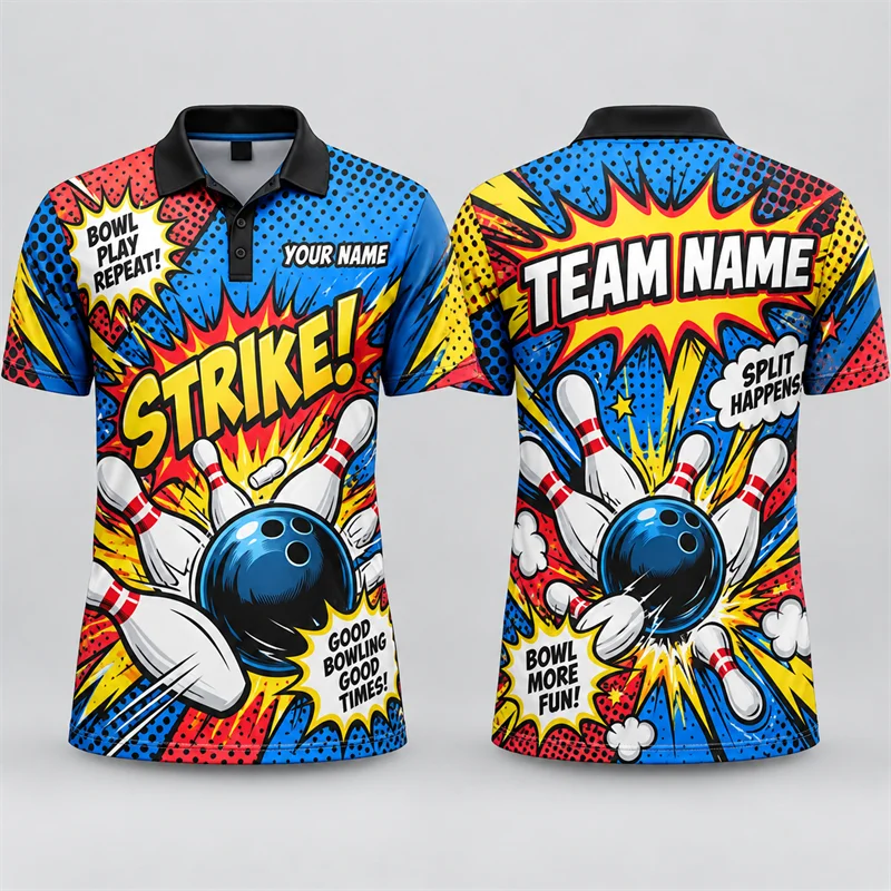 Custom Bowling Polo Shirt Personalized Name Team Name Vintage Strike Print Short Sleeve Jersey League Tournament Sports Uniform
