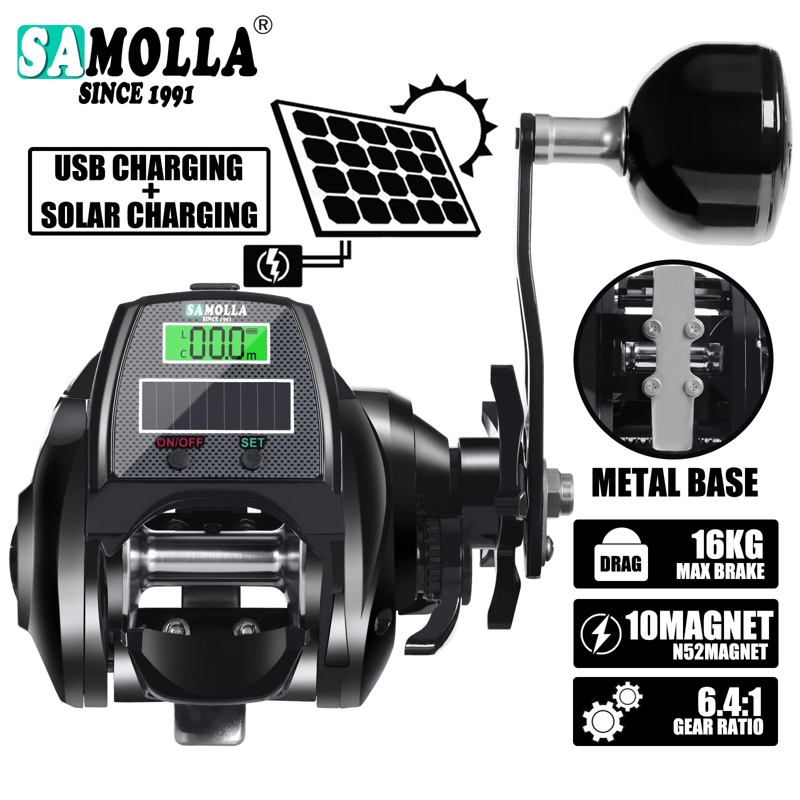 SAMOLLA Large Size Electronic Fishing Reel, Waterproof Baitcasting Reel For Deep Sea Ice Fishing Catfishing Solar +usb charging