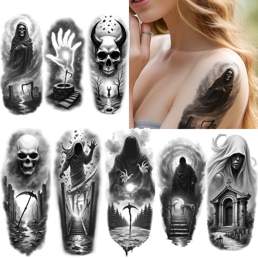 

3pcs Temporary Tattoo Crescent Moon Realistic Temporary Tattoos Mystical Hand Skull With Horns For Men Thighs Women