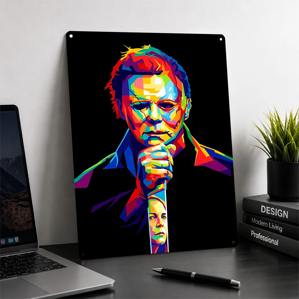 Michael Myers and Laurie Strode Pop Art 3D Texture Metal Poster Customized Wall Art Tin Sign Gift for Mancave Decor Living Room