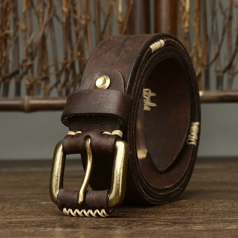 3.8cm Vintage Luxury Handmade Leather Copper Buckle Man's Belt Cinturon Gotico Cowhide Retro All-match Casual Jeans Soft Belt