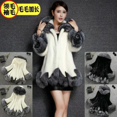 Faux Fur coat Women autumn and winter Mink coat Fox fur collar Hooded jacket Plus size 6XL top Fur female christmas clothes