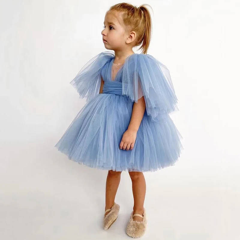 Infant Toddler Baby Girls Wedding Dress Princess Gown Vintage Boho Chic Dresses Smoky Blue Big Ruffles Sleeve Ins Kids Clothes