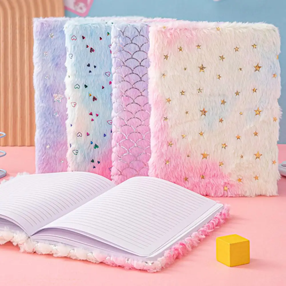 Gradient Color Notebook Plush Rainbow Heart Pattern Girls Diary with Lock A5 Secret Journal for Writing Drawing for Kids