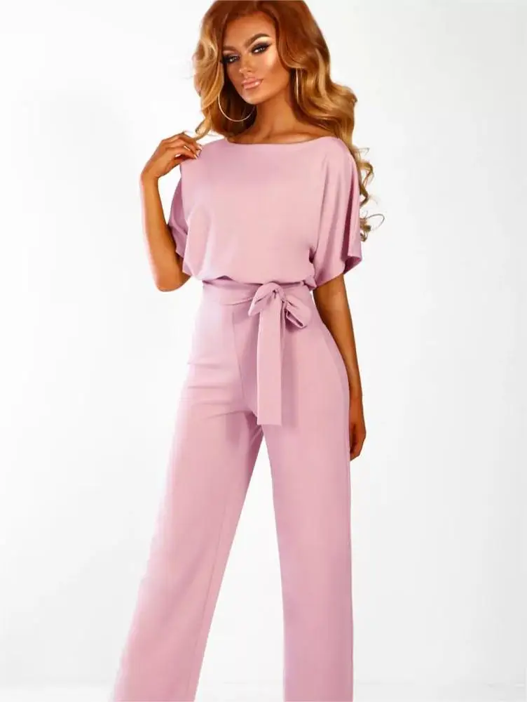 Nieuwe lente en zomer mode casual jumpsuit dames effen kleur vetersluiting bodysuit korte mouw dames elegante jumpsuit