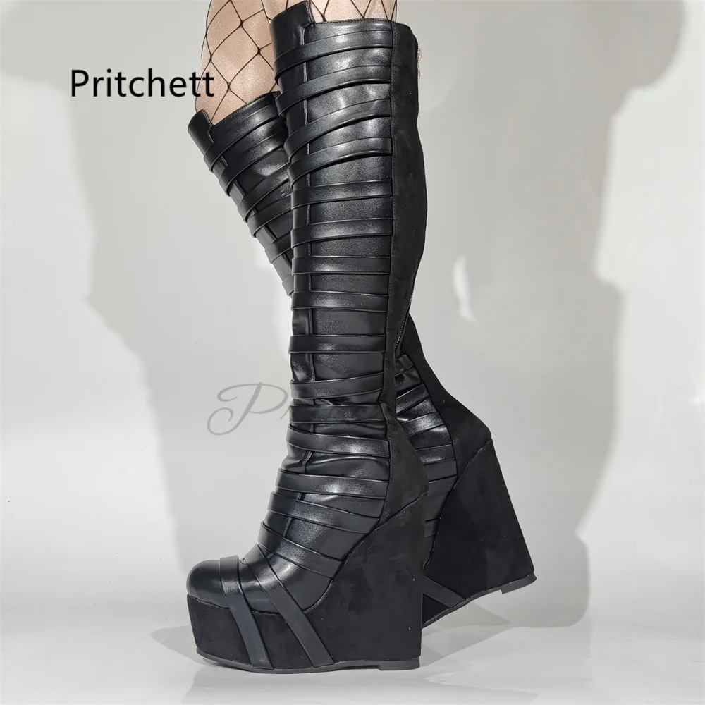 

Женские черные ботинки на платформе с многочисленными ремешками, на танкетке, с круглым носком, высокие до колена, модные, в стиле подиумной моды, с задней молнией, на высоком каблуке