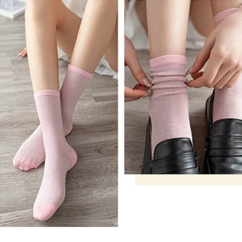 1Pair Gold Silver Glitter Fashion Women\'s Socks Shiny Thin Breathable Cool Socks Korean Style Personality High Elastic Socks