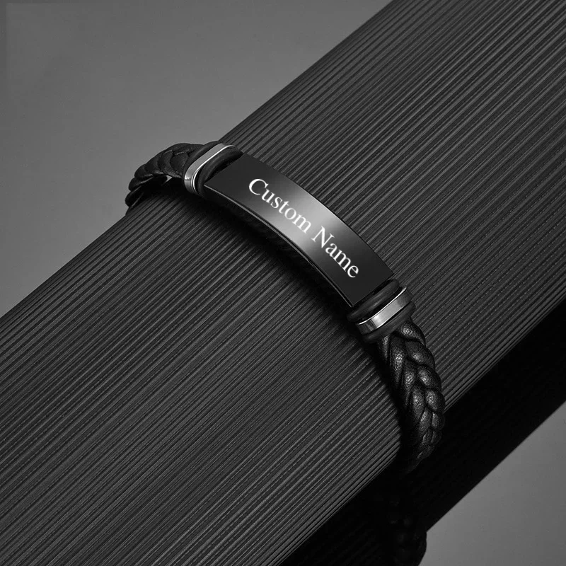 

Персонализированный кожаный браслет для мужчин из нержавеющей стали с гравировкой имени, идентификационный браслет, подарок для него, индивидуальный браслет, подарок