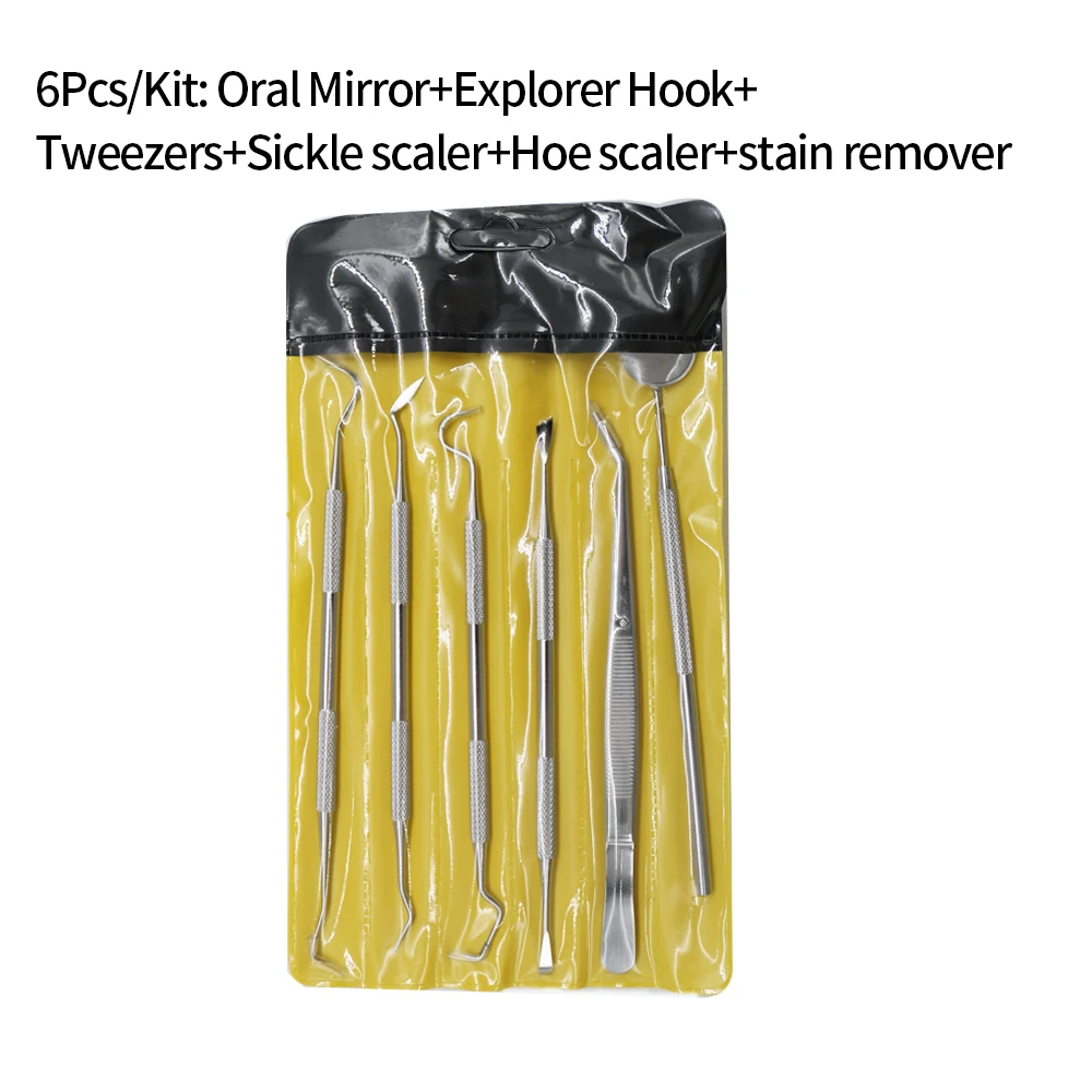 

6Pcs Dental Kit: Oral Mirror，Explorer Hook，Tweezers，Sickle scaler，Hoe scaler，stain remover