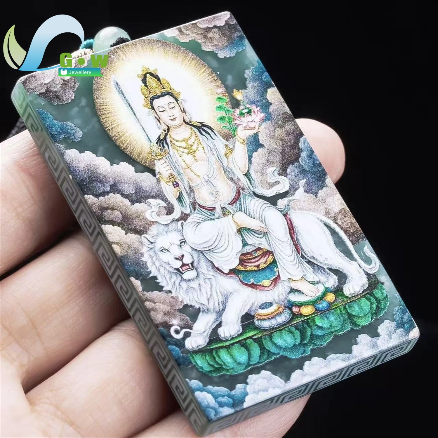 Natural Grade A Blue Water Jadeite Manjushri Bodhisattva Double Sided Painted Pendant Unisex Fine Jewelry Gift Wise Artisan