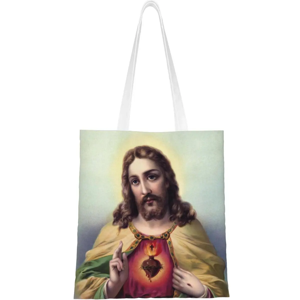 Catholic Jesus Christ Canvas Tote Bag Aesthetic Unique Design Sacred heart of Jesus Religious Grocery Bags for Women Men