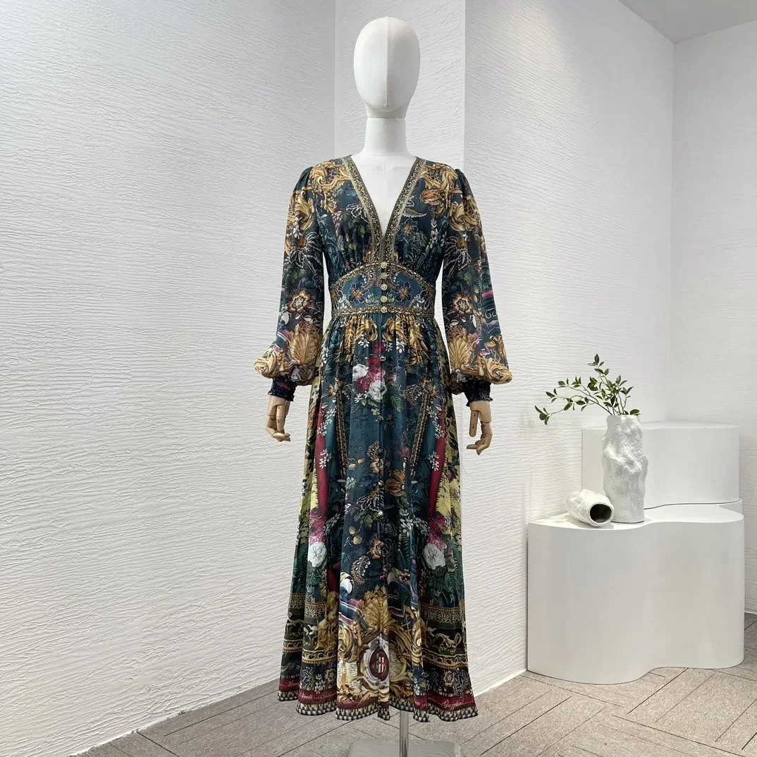 2024 Spring Summer Women Clothing Green Floral Print Long Sleeve Diamonds Pressed V Neck Oversize Midi Dress High Quality