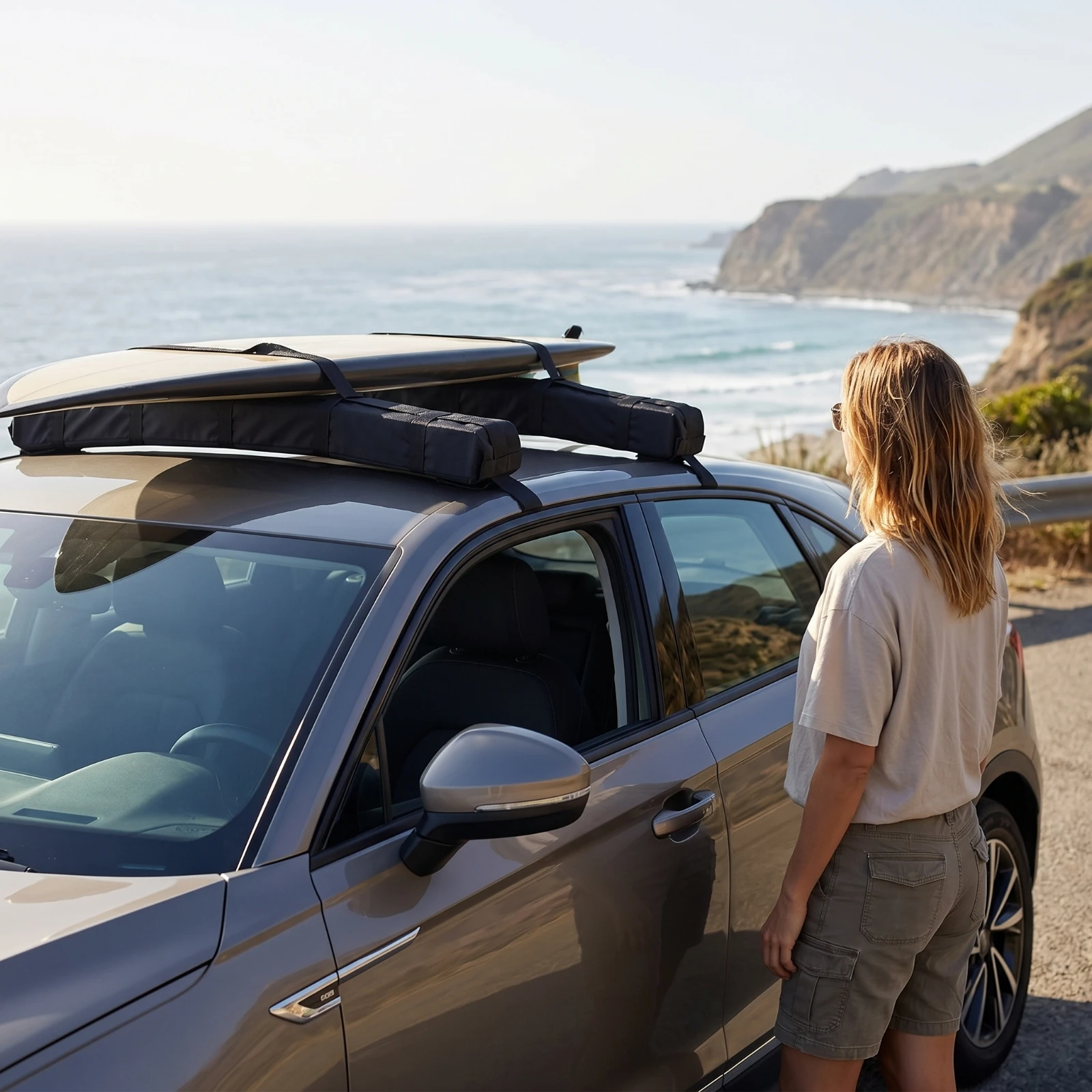 Padded Roof Rack with Straps Portable Soft Roof Rack Carrier Sleek Easy to Install for Surfers, Surfboard Transport