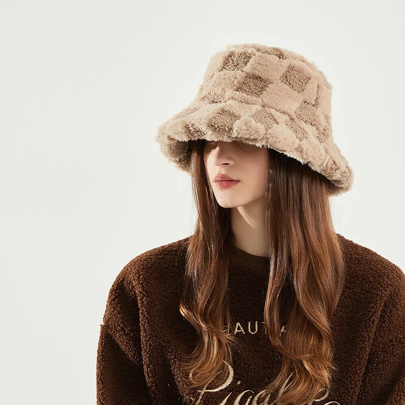 Lamb wool checked fisherman hat women\'s thick warm windproof basin hat big head around the face small bucket hat