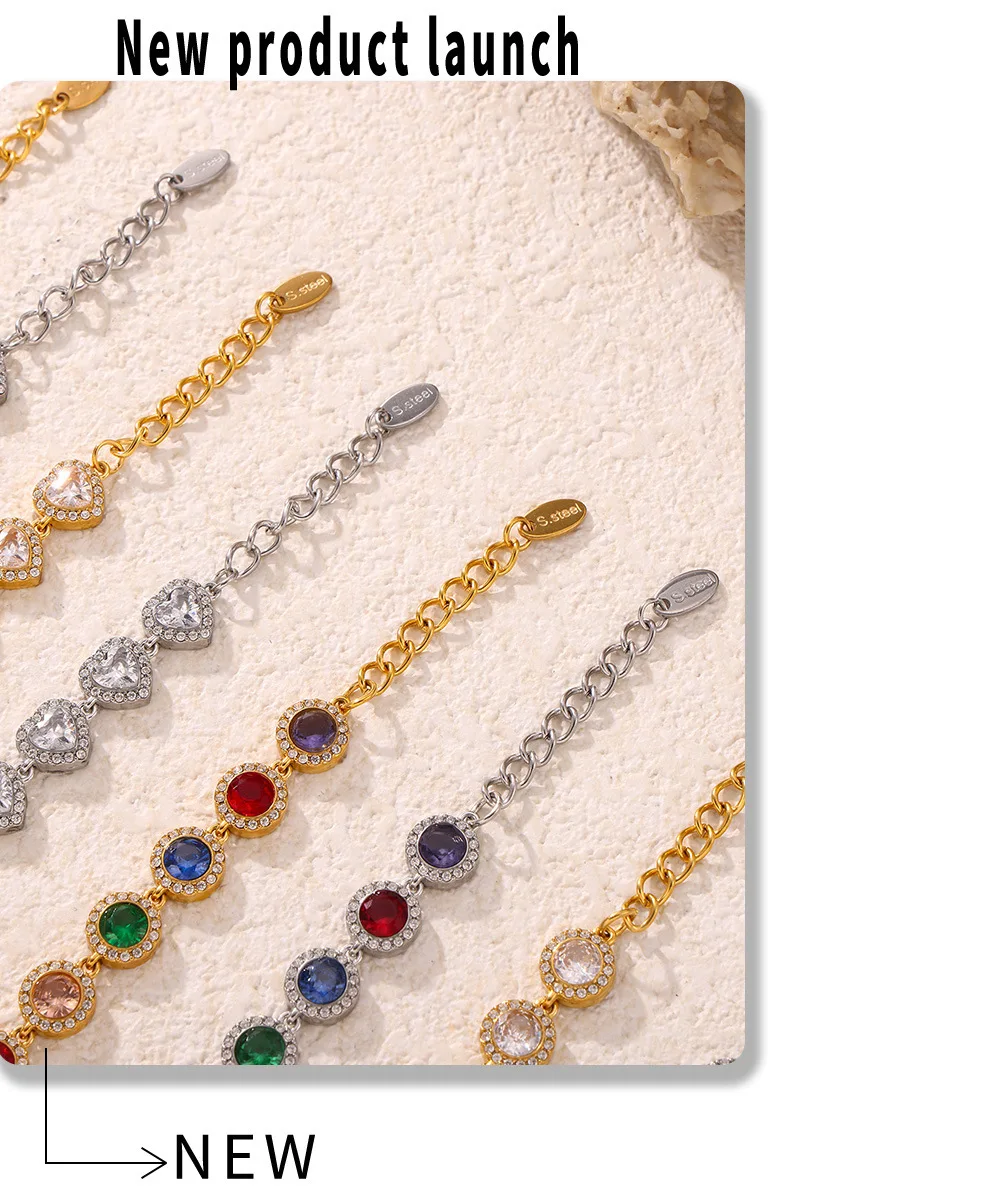 Farbiges Zirkonia-Herzarmband für Damen aus 316 Edelstahl, Vergoldet, Luxuriöser Armreif, Damen-Charm-Schmuck-Accessoires – Detail 10