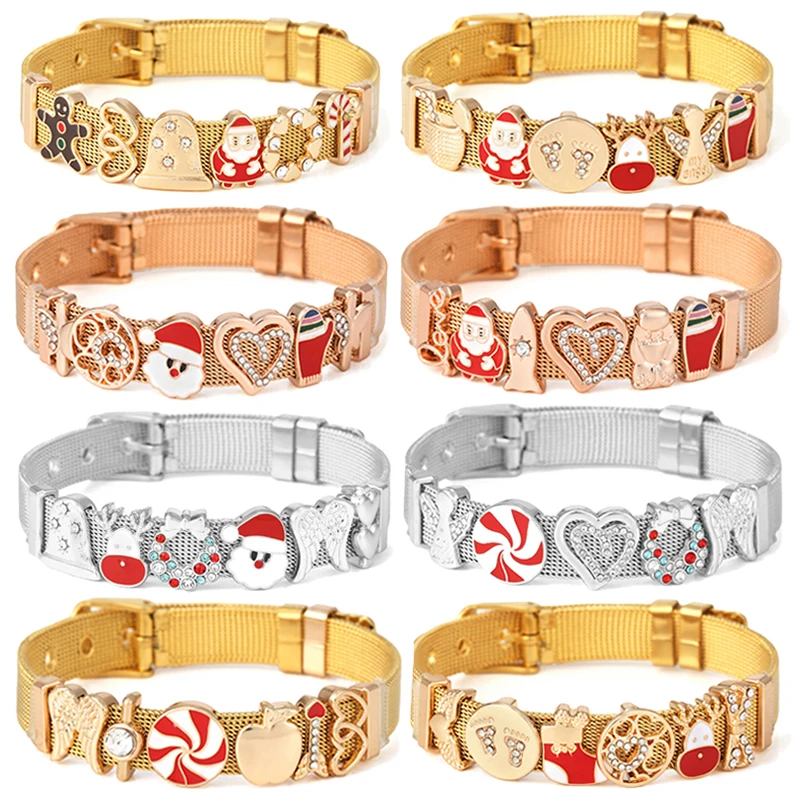 10mm Adjustable Stainless Steel Mesh Bracelet DIY Crystal Heart Crown Charm Keeper Bracelet For Women Men Christmas Jewelry Gift