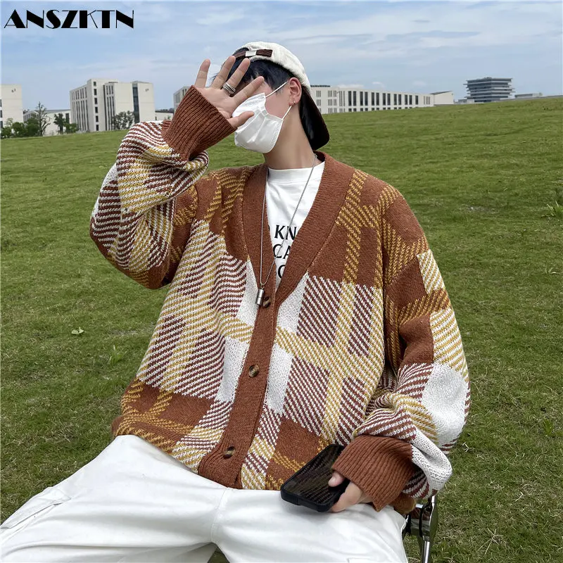 ANSZKTN Autumn and winter men's fashion casual loose shoulder cardigan V neck button sweater