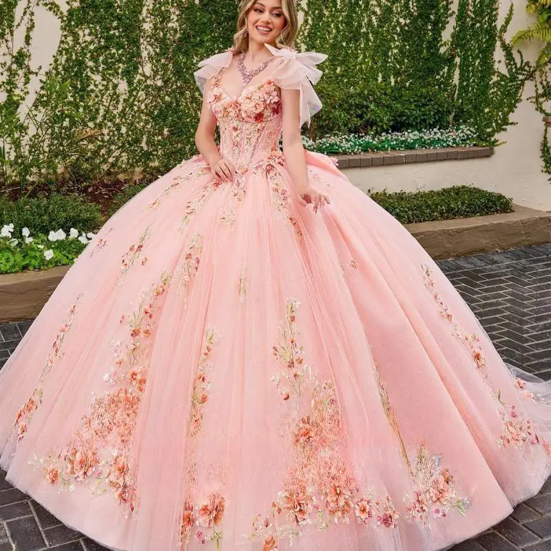 

Розовые платья Quinceanera по индивидуальному заказу, цветочная наклейка, длинные рукава, без рукавов, аппликация, корсет с бантом, съемный галстук-бабочка, платья