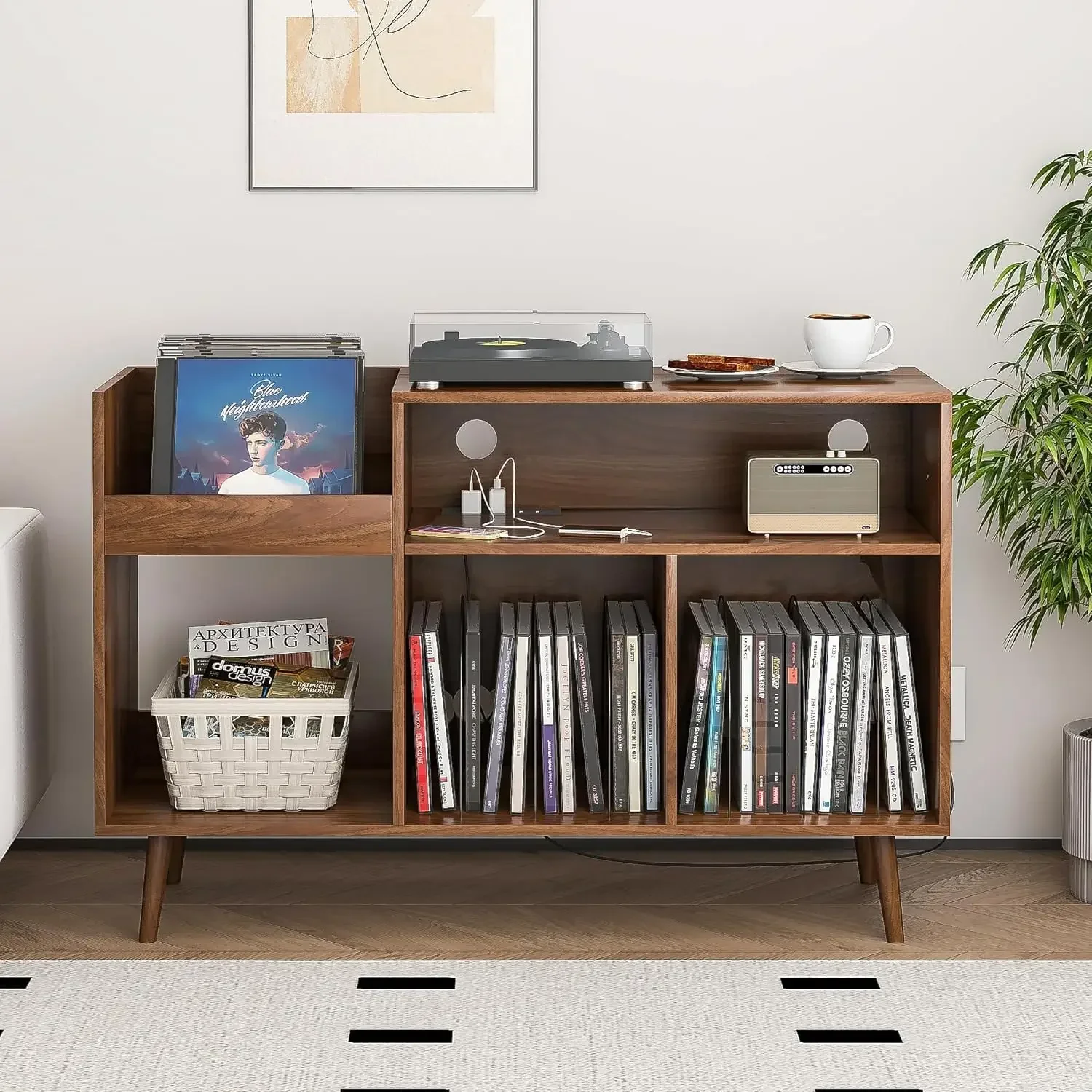 Record Player Stand with Charging Station & USB Ports, Mid-Century Turntable Stand Table Holds Up to 300 Albums, Vinyl Record St