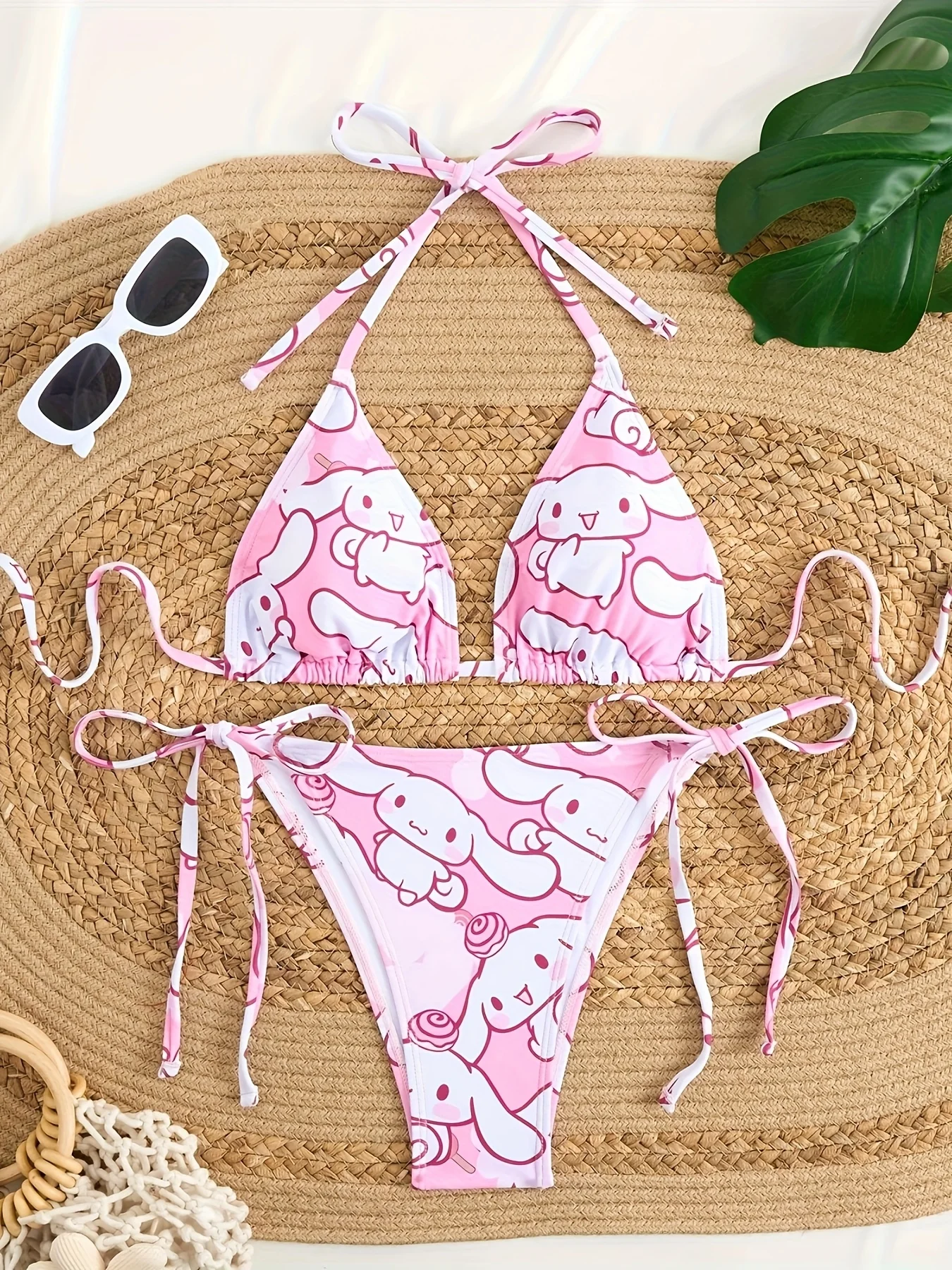 

Комплект бикини с принтом Cinnamoroll, 2 шт., женский, розово-белый, с треугольными чашечками, на завязках, раздельный купальник, пляжная одежда
