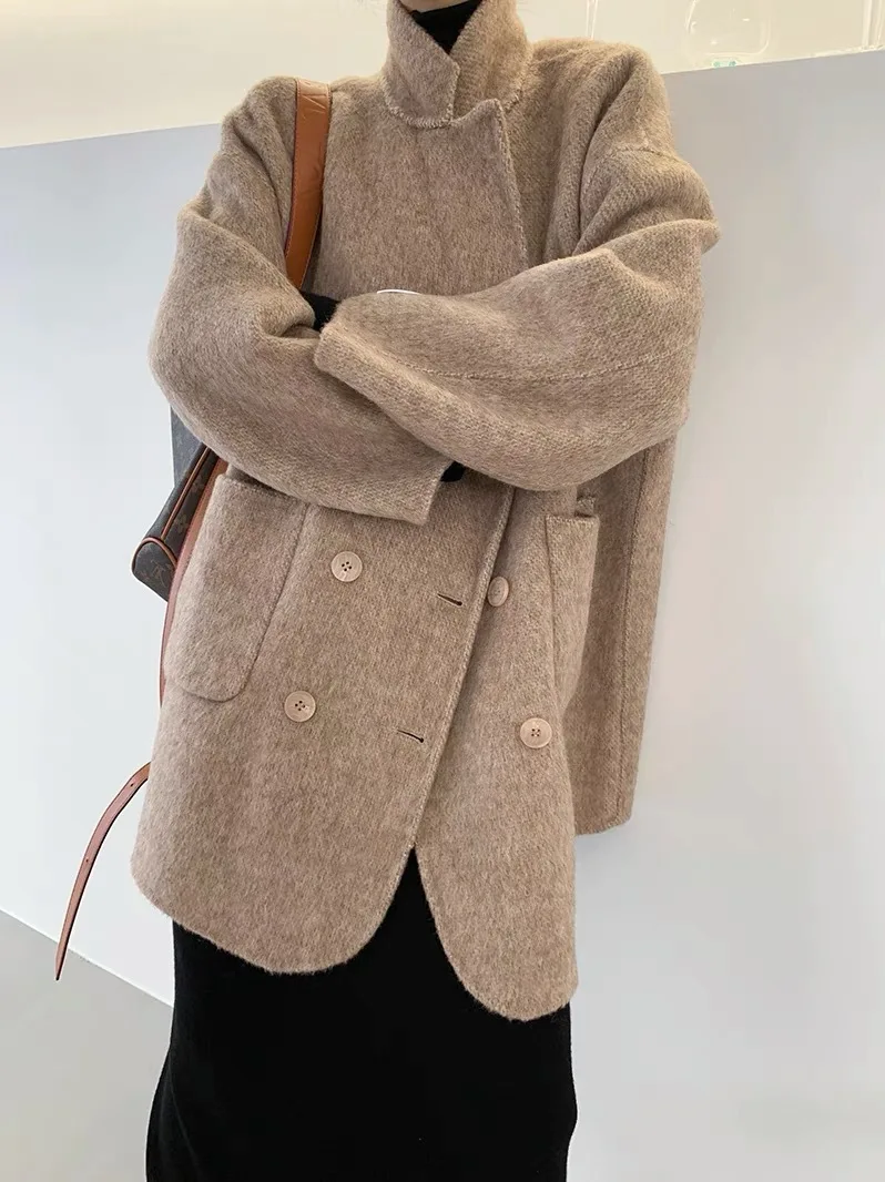 Autumn Winter Loose Long Sleeve Turn-down Collar Solid Blends Coats Office Lady Camel Fleece Double-sided Wool Coat for Women